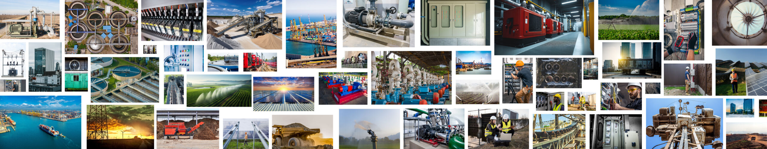 bg-roll Collage of pumps, electrical control panels, generators, solar panels and irrigation systems.
