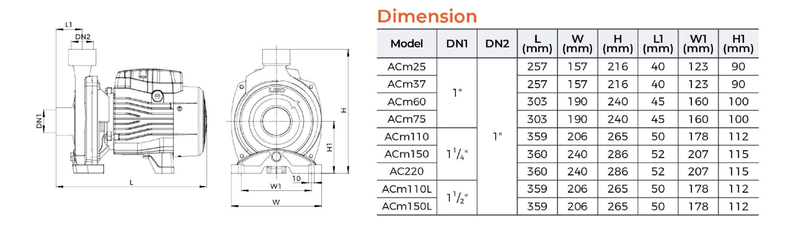 LEO centrifugal pump side and end views with dimension letters