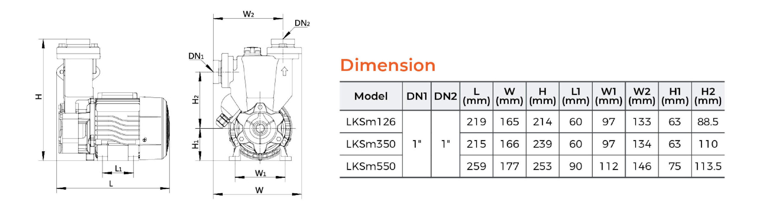 LEO LKSm side and end views with dimension references