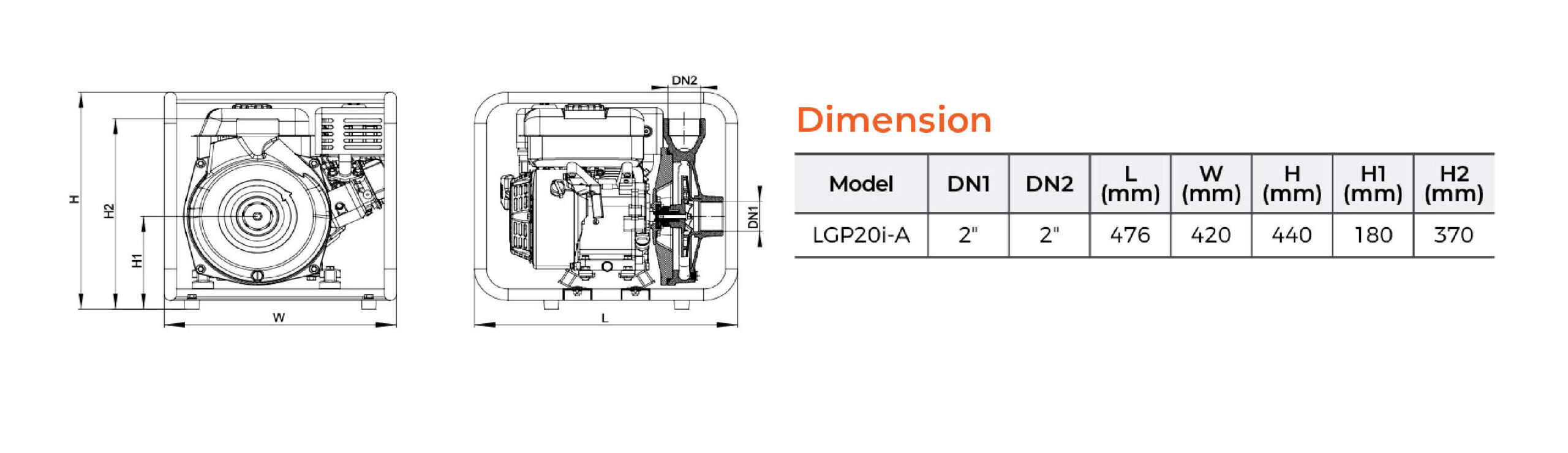 LGP20i-A manufacturer outline with model-only dimension table