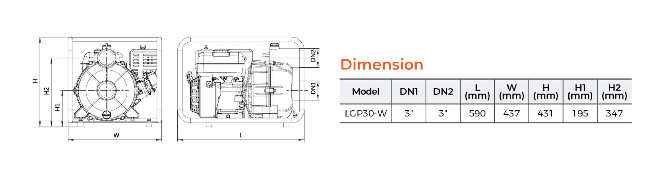 LGP30-W manufacturer outline with model-only dimension table